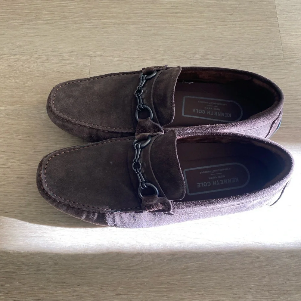Kenneth Cole NY Brown Suede Driving Loafers Mens Horsebit Chain Slip On 10.5